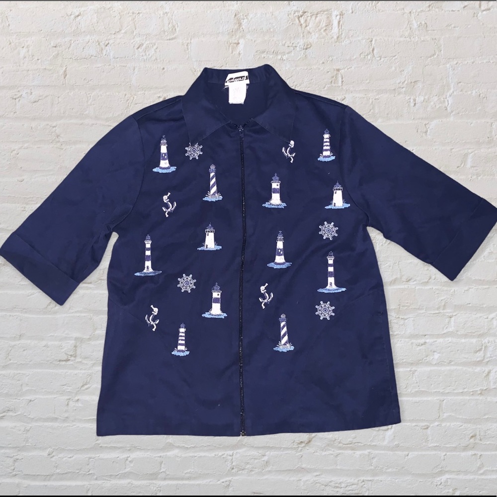 BonWorth Vintage Navy Zip-Up With Lighthouse, Anchor&Maritime Ship Wheel Details